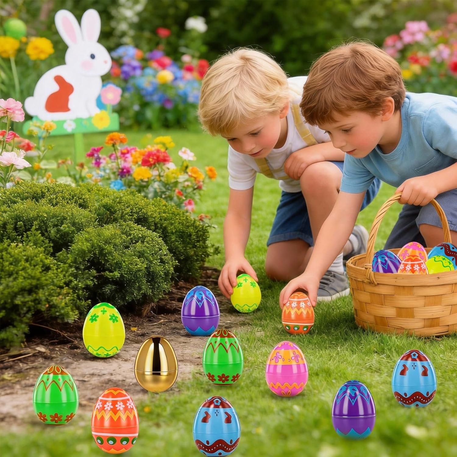 MGparty 50 Pcs Plastic Easter Eggs Empty 2.3 Inch Fillable Easter Eggs Bulk with 2 Golden Eggs, Printed Plastic Eggs for Easter Egg Hunt, Basket Stuffers, Party Favors, Classroom Prizes Decorations - Image 6