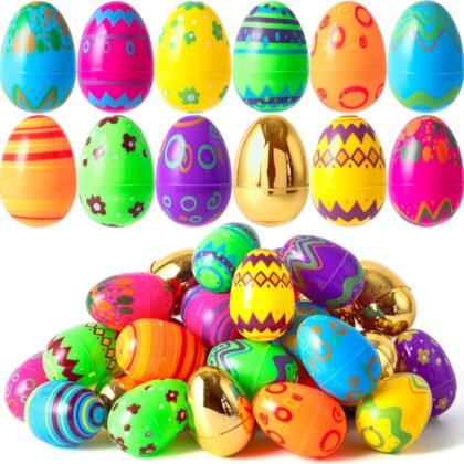 JOYIN 36 Pcs 3.15" Colorful Printed Eggs Include 8 Golden, Plastic Fillable Empty Eggs for Easter Hunt, Basket Stuffer Filler, Classroom Prize, Party Favors