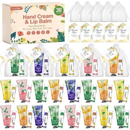 VESPRO 30 Pack Bulk Hand Cream and Bulk Lip Balm Sets, Mothers Day Gifts, Wedding Favors for Guests with Thank You Card and Organza Bags, Birthday Gift, Teacher Appreciation Gifts and Nurse Gift