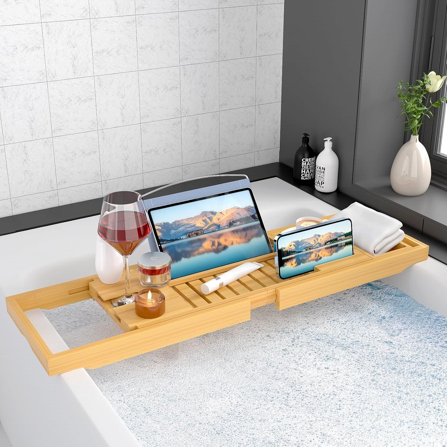 Luxury Bamboo Bathtub Tray - Wooden Expandable Caddy with Book, Tablet, Wine Holder - Gift Idea - Image 3