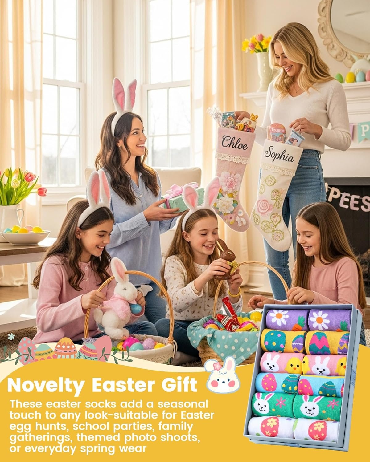 Eurzom 6 Pairs Funny Easter Knee High Socks for Teen Girls Cute Rabbit Eggs Flowers Patterns Novelty Casual Socks Spring Festive Easter Gifts for Womens Teen Girls - Image 6