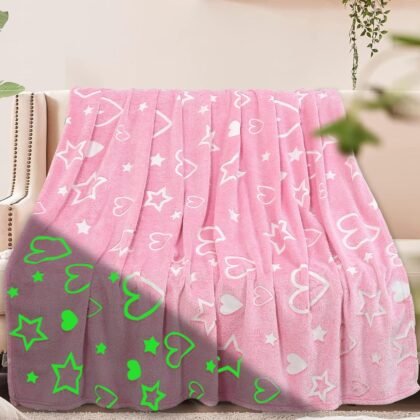 Glow in The Dark Blanket for Mothers Day - Soft Warm Furry Throw Gift for Mom, Cozy Heart Blanket Indoor Outdoor Camping Bedding, Pink Heart 50x60 Inches