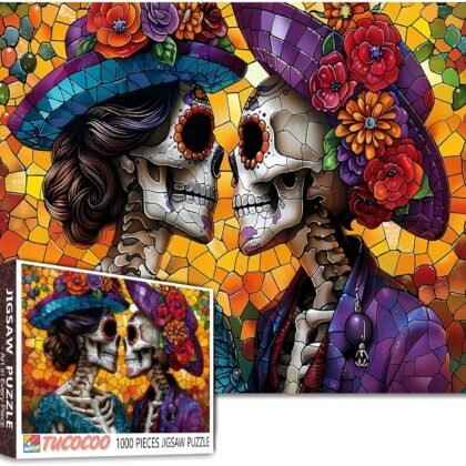 Tucocoo Day of The Dead Skull Jigsaw Puzzles for Adults 1000 Pieces, Romantic Bride and Groom Stained Glass Style Art DIY Puzzles for Home Decoration Gifts, Family Puzzle Perfect for Game Nights