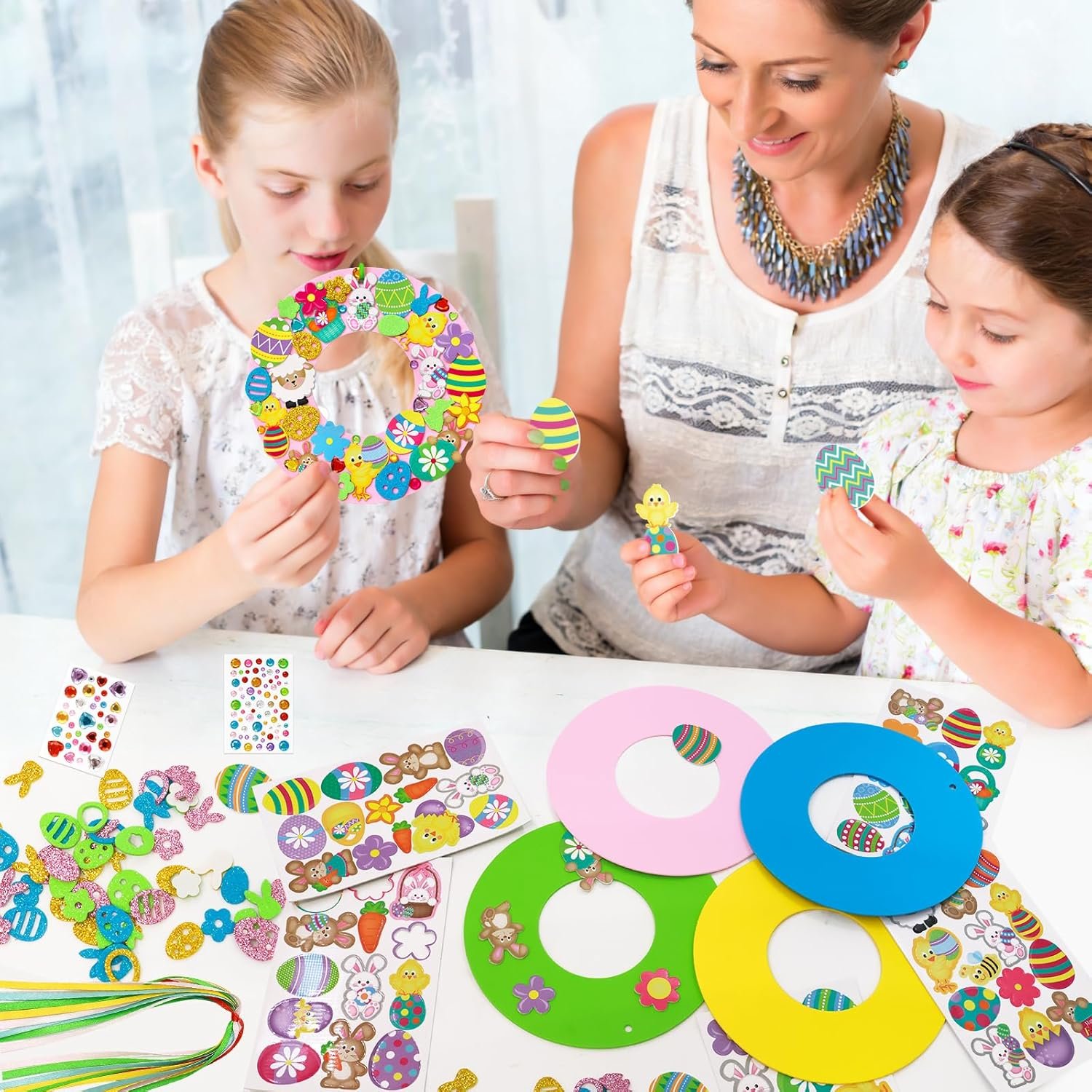 Treasure Cove Easter Crafts for Kids Easter Wreath Craft Kits DIY Foam Wreath Decorations Hanging Ornaments with Foam Stickers for Spring Classroom Home Activity Party Decor 12 Sets - Image 7