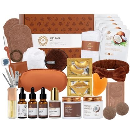 Mother's Day Gifts, Coconut 32 Pcs Facial Skin Care Kit, Home Spa & Self-Care Gifts Basket Set, Bath and Body Gifts for Women, Face Sheet Mask, Serum, Birthday, Christmas, Anniversary, Wife, Mom