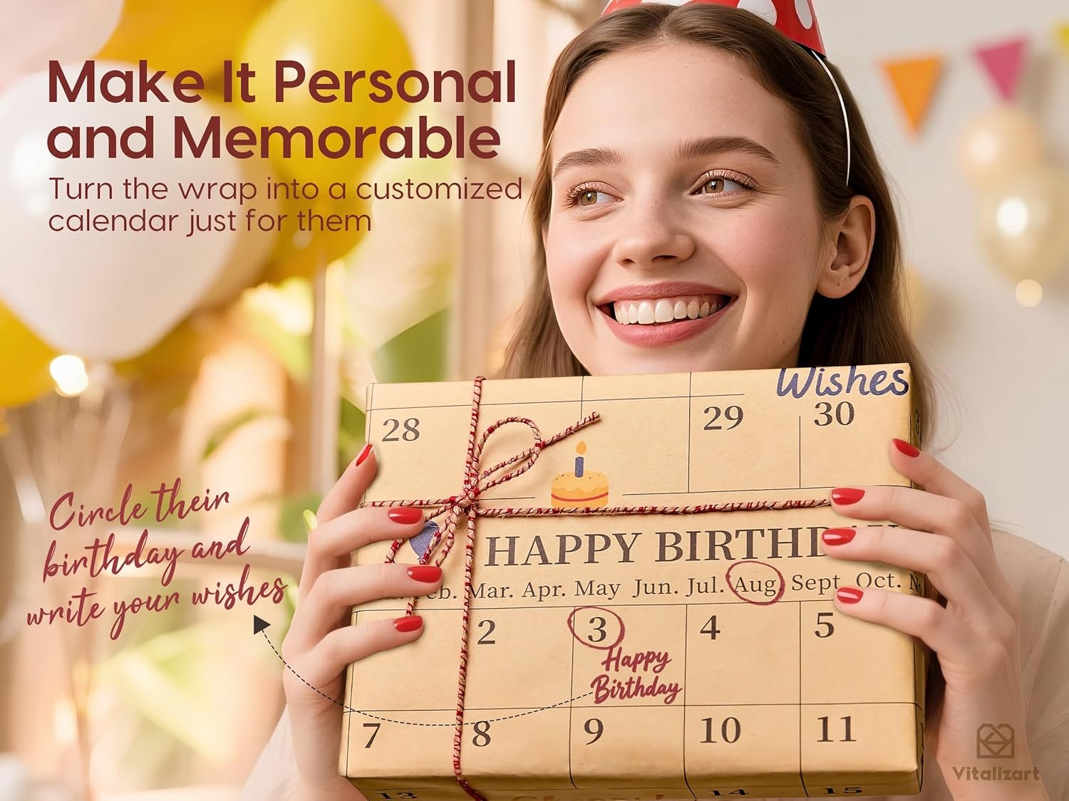 Vitalizart Write-On Calendar Birthday Wrapping Paper Set 17" With 5-Yard Twine Recyclable Customizable Gift Wrap For Birthday Party Baby Shower Handmade Crafts - Image 3