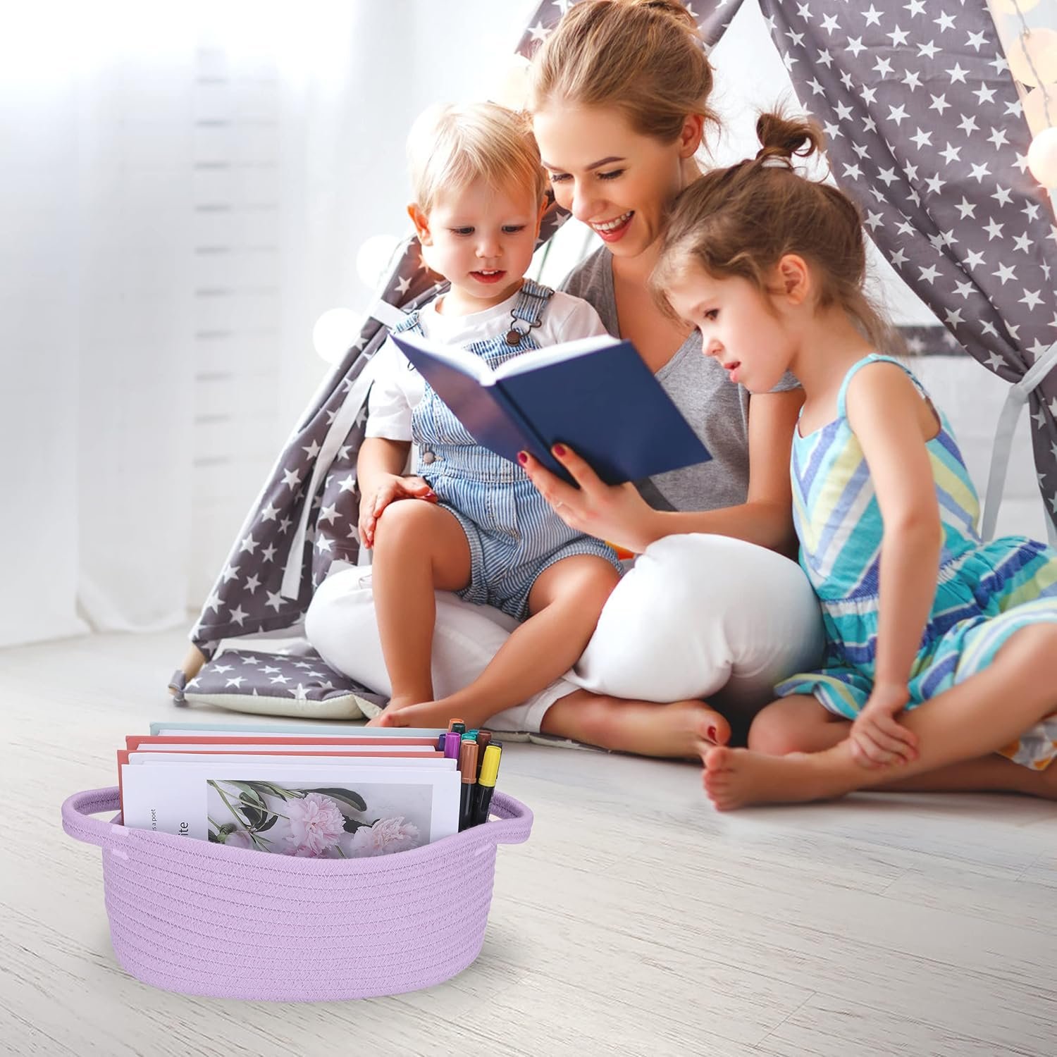 Cute Oval Cotton Rope Wicker Storage Basket with Handle - Empty Baby Nursery Box Bin Organizer for Kids, Cats, Dogs & Easter - Light Purple Lavender - Image 5