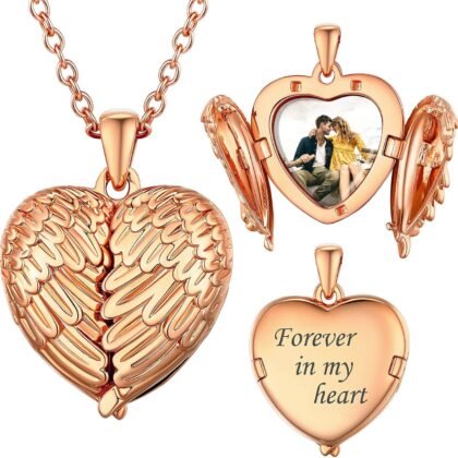 SILVERCUTE Personalized & Engraved Locket Necklace with 18" Chain -Angel Wings Locket, Custom Heart Locket Pendant that Holds Picture, Sterling Silver or Gold Plated