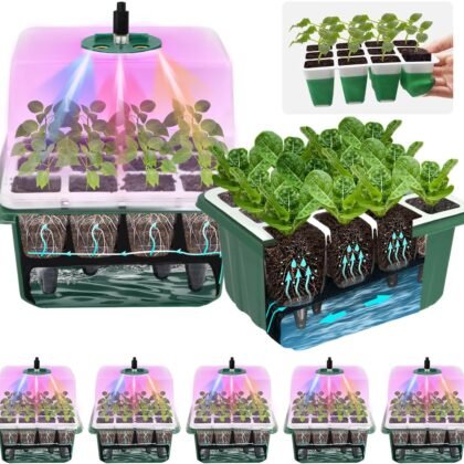 5PCS 60 Cell Self Watering Seed Starter Tray with Grow Light, Reusable Silicone Seed Starter Kit with Humidity Dome, 60 Cells Plant Germination Trays for Seeding Planting Growing(5-Pack 60-Cell)