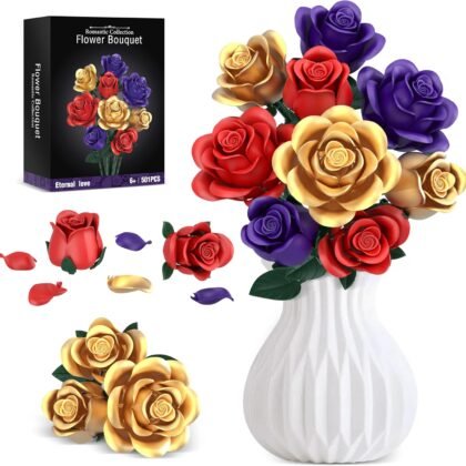 Rose Bouquet Flowers Building Set, 501Pcs Red Purple Golden Roses Artificial Flowers Botanical Collection Compatible with Lego Flowers Home Office Table Decor Gifts for Her/Mom/Girlfriend/Wife/Couple