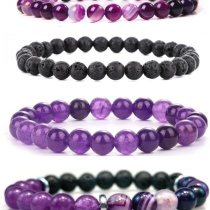 4pcs Natural Crystal Beaded Bracelet for Women,8mm Semi-Precious Healing Gemstone Bracelets 6mm Round Beads Stretch Anxiety Stress Relief Bracelet Spiritual Jewelry Gifts