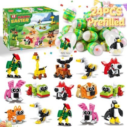 24 PCS Prefilled Easter Eggs with Toys Inside, 3 in 1 Forest Animal Building Blocks Basket Stuffer for Kids Hunt Games Goodie Bags Fillers, Classroom Prizes Carnival Reward