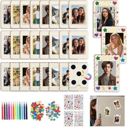 24 pack Magnetic Wooden Picture Frames,DIY Crafts Magnetic Frames with Paintable Photo Frames,Watercolor Pencils & Stickers for Refrigerator Decor, Fridge Magnets, DIY Gifts for Kids Adults
