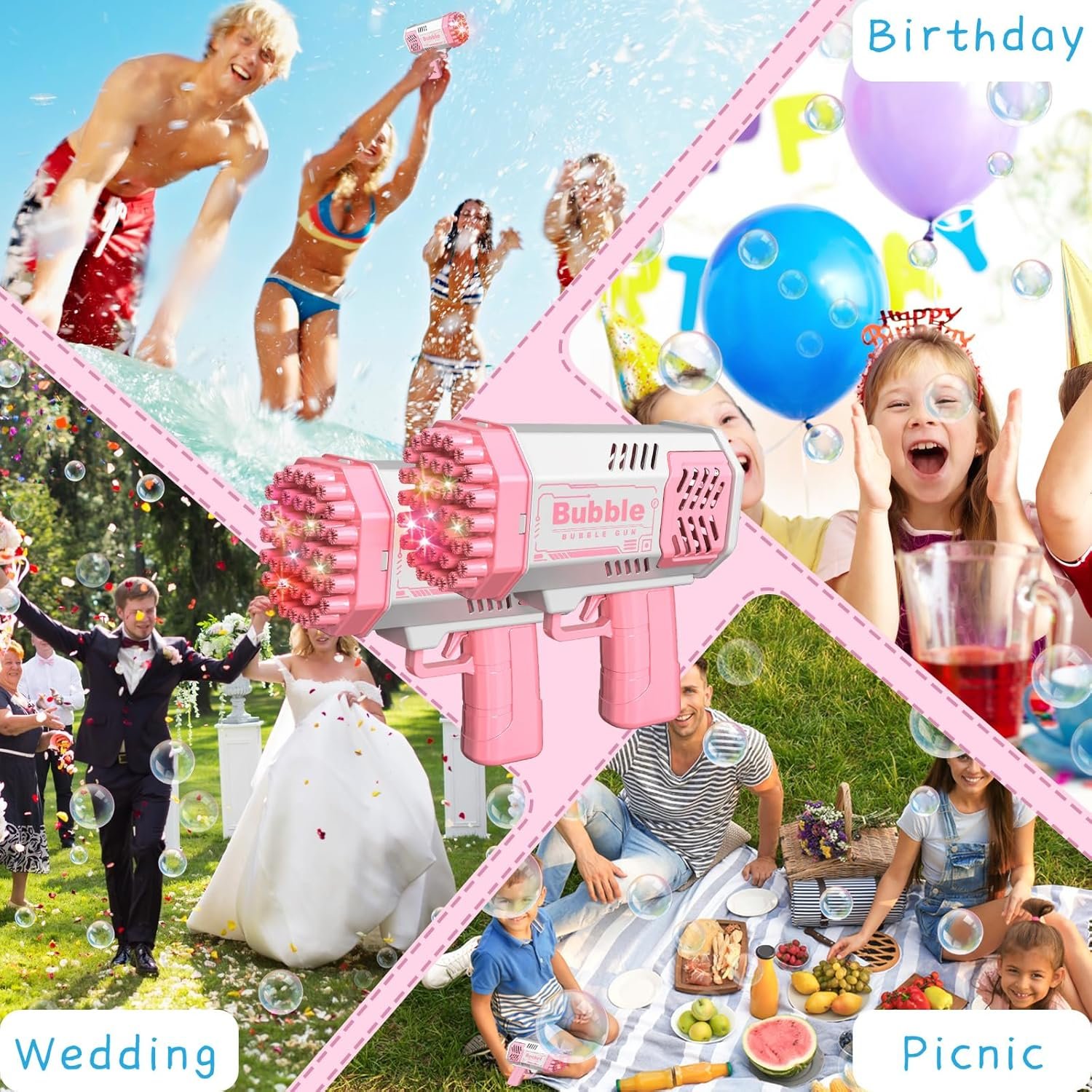 2 Bubble Gun with 2 Bottles Refill Solution for Kids, 40-Hole Light Up Bubble Machine for Toddlers 1-3, Pink Bubble Blaster Maker, Party Favors Toys for Boys Girls 4-8 Birthday Gifts - Image 7