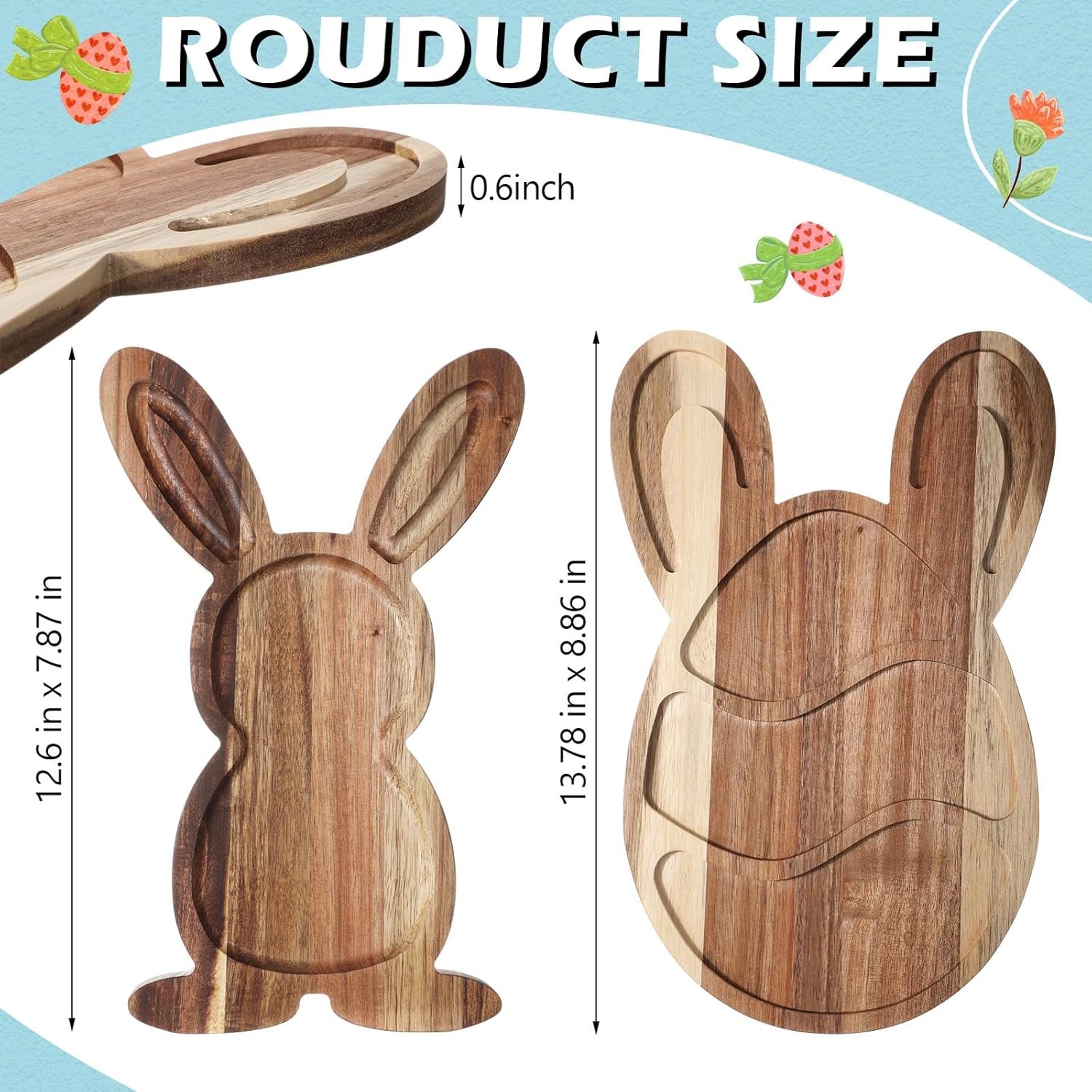 Pickmesh 2 Pack Easter Plates Bunny Wooden Serving Platter Rabbit Egg Acacia Wood Cutting Board with Groove Easter Serving Tray Dinner Dessert Fruit Bread Plates for Kitchen Restaurant Home Parties - Image 2