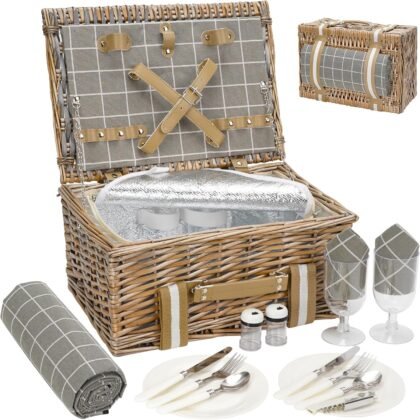 Wicker Picnic Basket for 2 - Willow Basket with Waterproof Picnic Blanket | Willow Picnic Set with Insulated Cooler | Wicker Hamper with Cutlery Kit | Gift Basket for Christmas, Thanks Giving, Grey