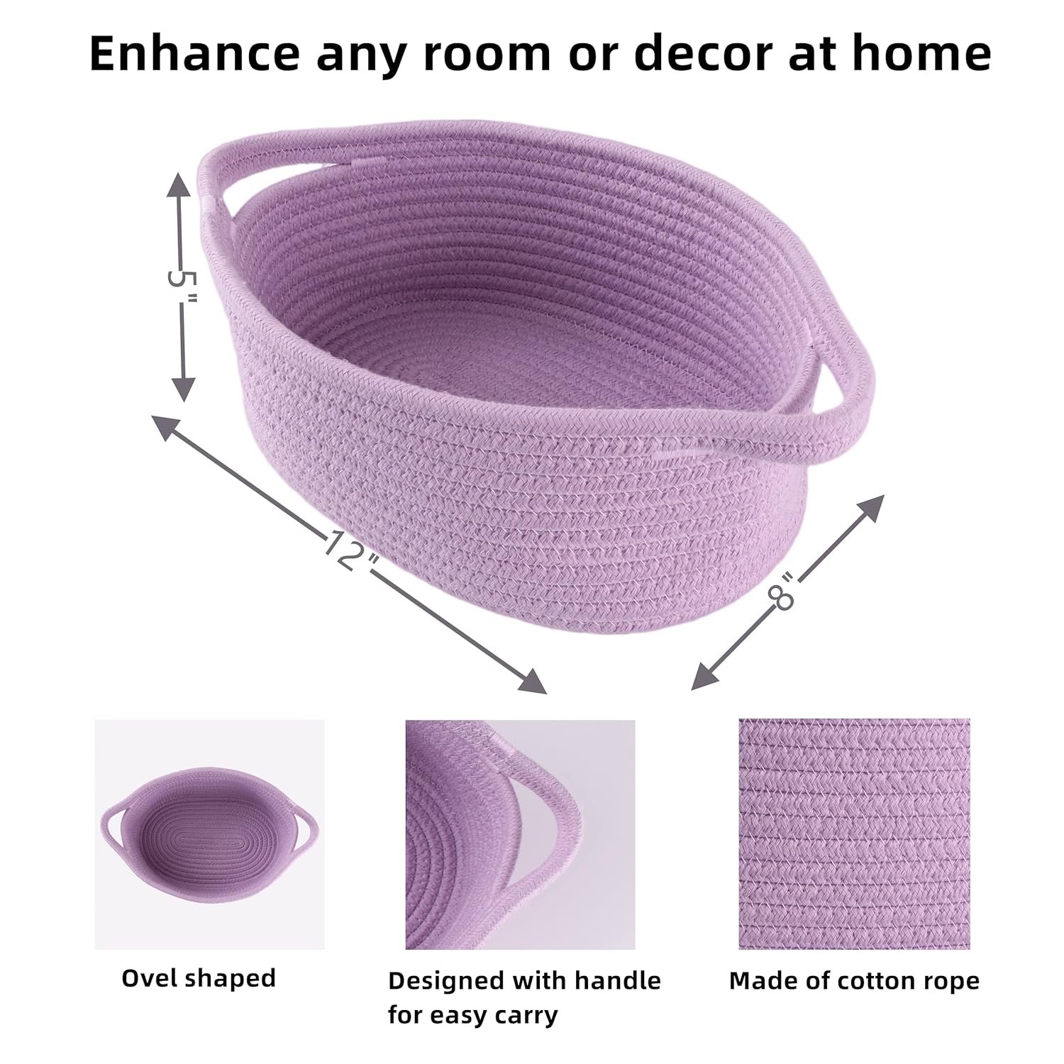 Cute Oval Cotton Rope Wicker Storage Basket with Handle - Empty Baby Nursery Box Bin Organizer for Kids, Cats, Dogs & Easter - Light Purple Lavender - Image 2