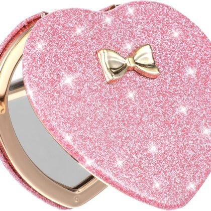 Ouligay Pink Heart Compact Mirror for Women and Girls Double Sided Pocket Mirror for Purses Portable Travel Mini Makeup Mirrors Small Folding Mirrors Valentine's Day Gift