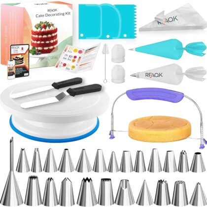RFAQK 90PCs Cake Decorating Kit with Leveler, Baking Supplies Gift Includes Cake Stand Turntable, 24 Numbered Icing Tips, 55+1 Piping Bags, 2 Frosting Spatulas, 3 Scrappers, Video Course & Booklet