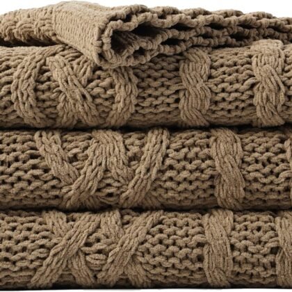 Battilo Camel Tan Throw Blanket for Couch,51"x67", Cable Chenille Knitted Throw Blankets for Bed, Sofa, Chair,Living Room, Soft Cozy Thick Warm Decorative Textured Blanket.