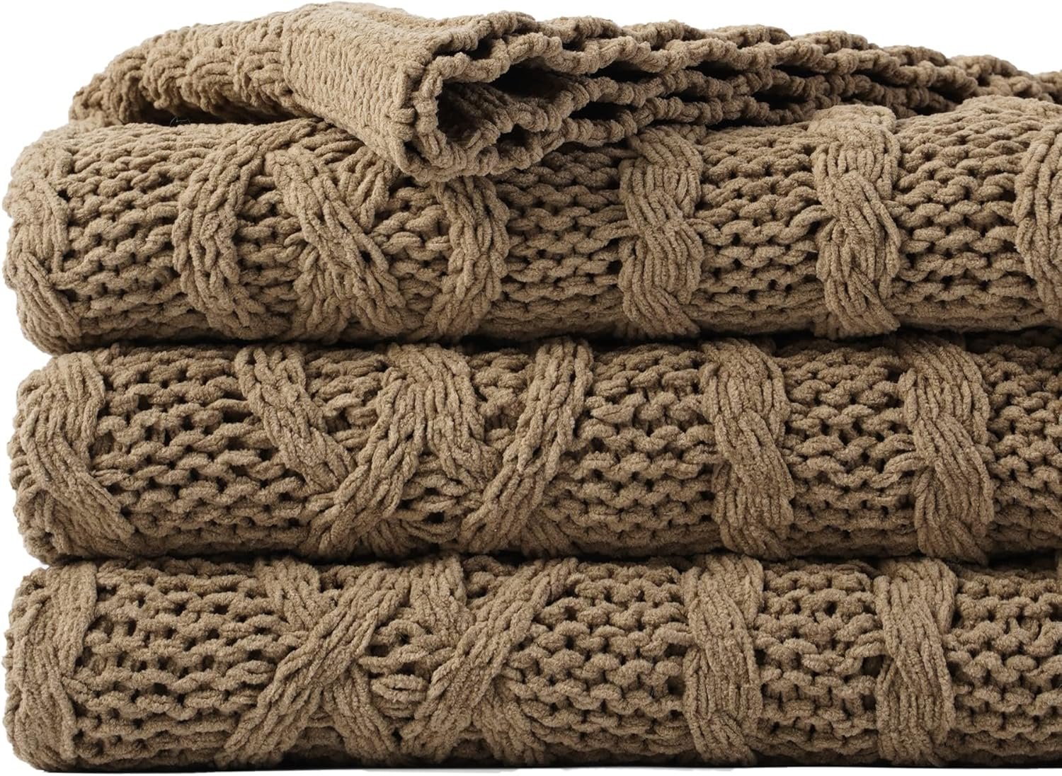 Battilo Camel Tan Throw Blanket for Couch,51"x67", Cable Chenille Knitted Throw Blankets for Bed, Sofa, Chair,Living Room, Soft Cozy Thick Warm Decorative Textured Blanket.
