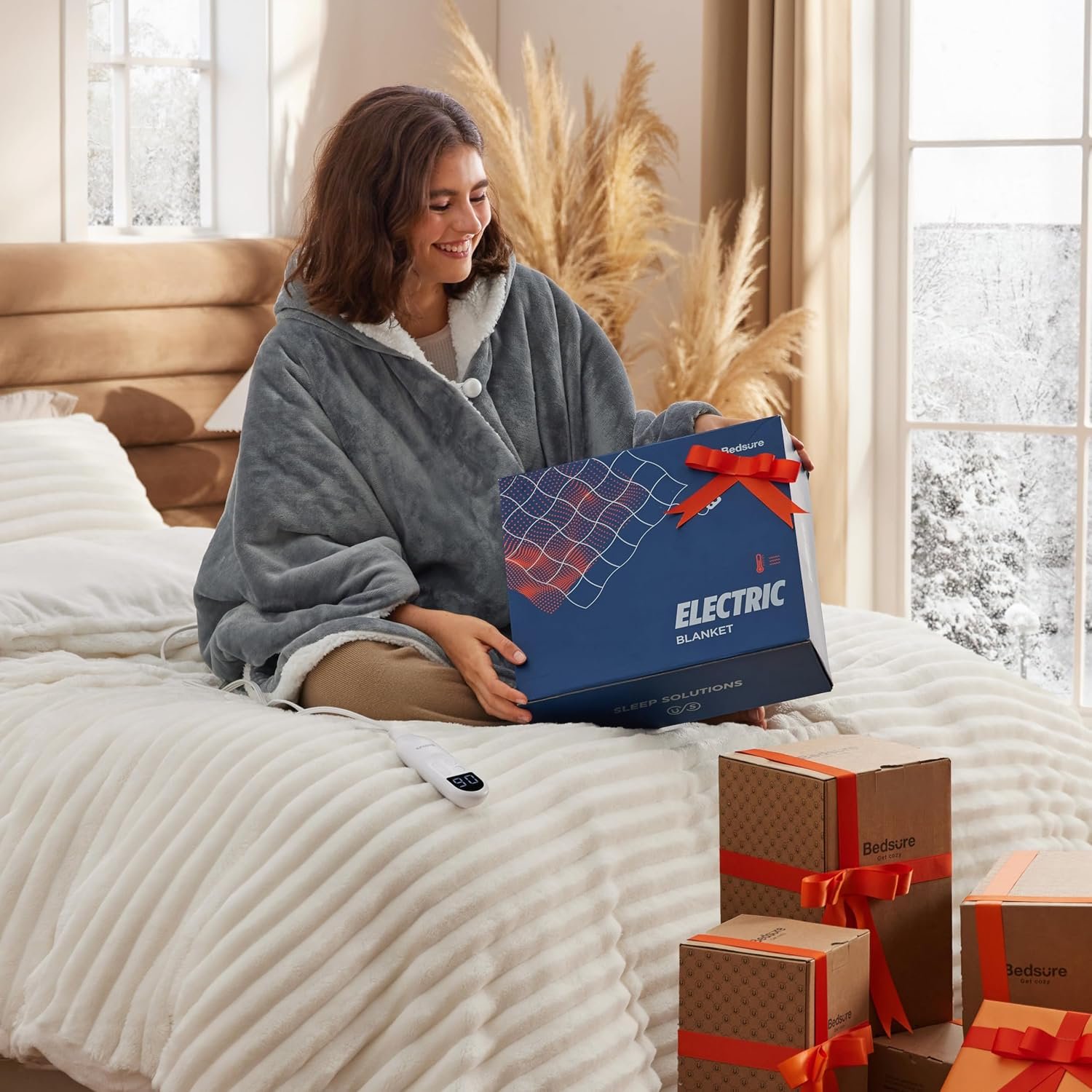 Bedsure Heated Blanket Wearable Shawl - Electric Wrap Poncho Blanket Hoodie for Adult, Birthday Gifts for Mom Women, Sherpa Heating Throw with 4 Time Settings & 6 Heat Settings, 55x64 inches, Grey - Image 3