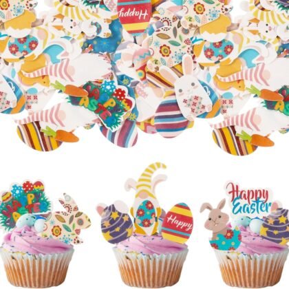 Gyufise 70 Pack Edible Happy Easter Cupcake Toppers Bunny Cupcake Picks Edible Easter Cake Decorations for Easter Theme Baby Shower Kids Birthday Party Cake Supplies