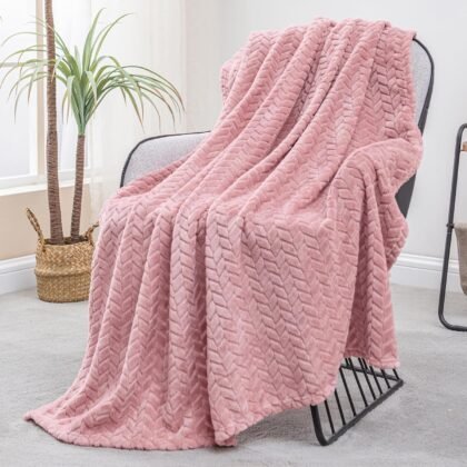 Exclusivo Mezcla Fleece Throw Blanket for Couch and Bed, 50x70 Inches Soft Cozy Jacquard Flannel Blankets, Lightweight Fuzzy Plush Warm Throws for Women, Pink