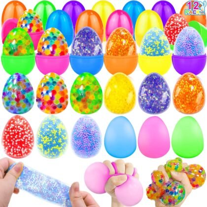 12 Pack Easter Egg Fillers with Relief Stress Balls Squishy Fidget Toys Easter Eggs Filled Easter Basket Stuffers for Toddler Kids Girls Boys Teens Hunt Party Favors Gifts Classroom Prizes Supplies