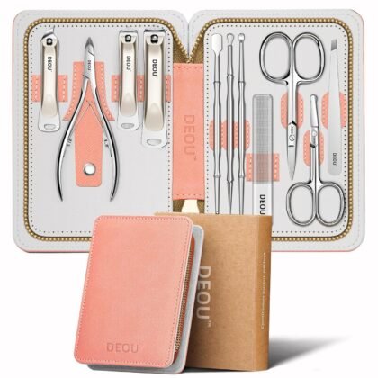 DEOU Professional Nail Set 11 in 1 stainless steel home care nail clippers, men's luxury travel leather storage box, women's beauty kit (Pink)