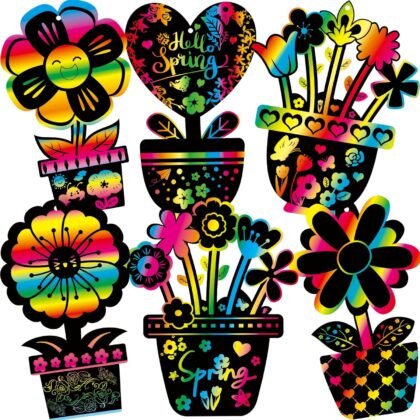 Treasure Cove Spring Scratch Cards Flower Scratch Paper Flower Pot Magic Color Art Crafts Spring Craft for Kids Home Classroom School Fun Activities 24Pcs