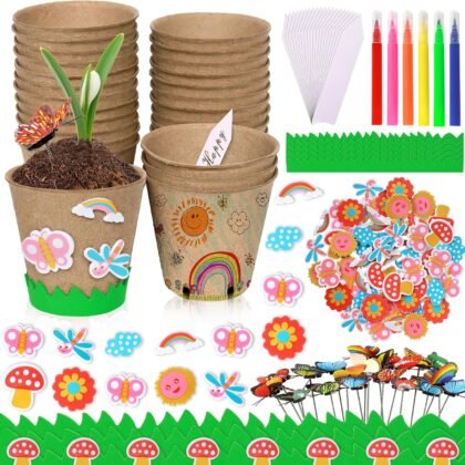 Aweyka Garden Paper Pot Craft Kit 20 Pack Flower Plant Spring Craft with 50pcs Adhesive Foam Stickers 20pcs Paper Mache Pots Label Pen Flower Planting Growing Kit Science for Mother Day