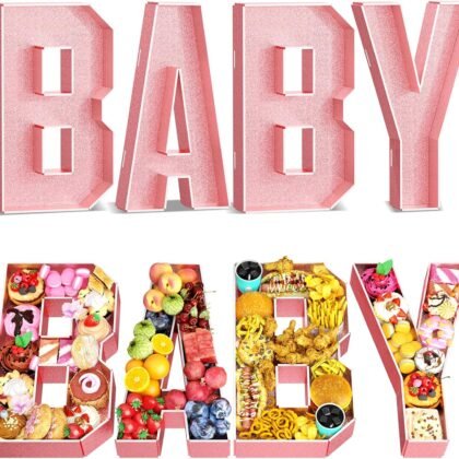 Paready Fillable Cardboard BABY Letters, 13.78'' Charcuterie Board, Pink BABY Trays for Food Candy Flower Cupcake Container Box for Girls 1st Birthday Baby Shower Party Decoration