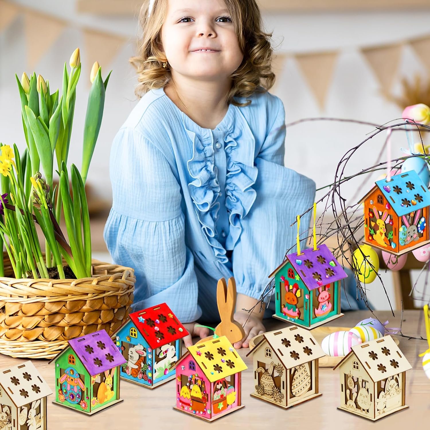 8Pcs Easter Crafts Wooden House with 12 Paint, Easter Arts and Crafts for Boys Girls Ages 3 4 5 6 7 8 12 Years Old, Adults DIY Easter Painting Crafts Kit Activities Bulk Supplies with Easter Egg Bunny - Image 6