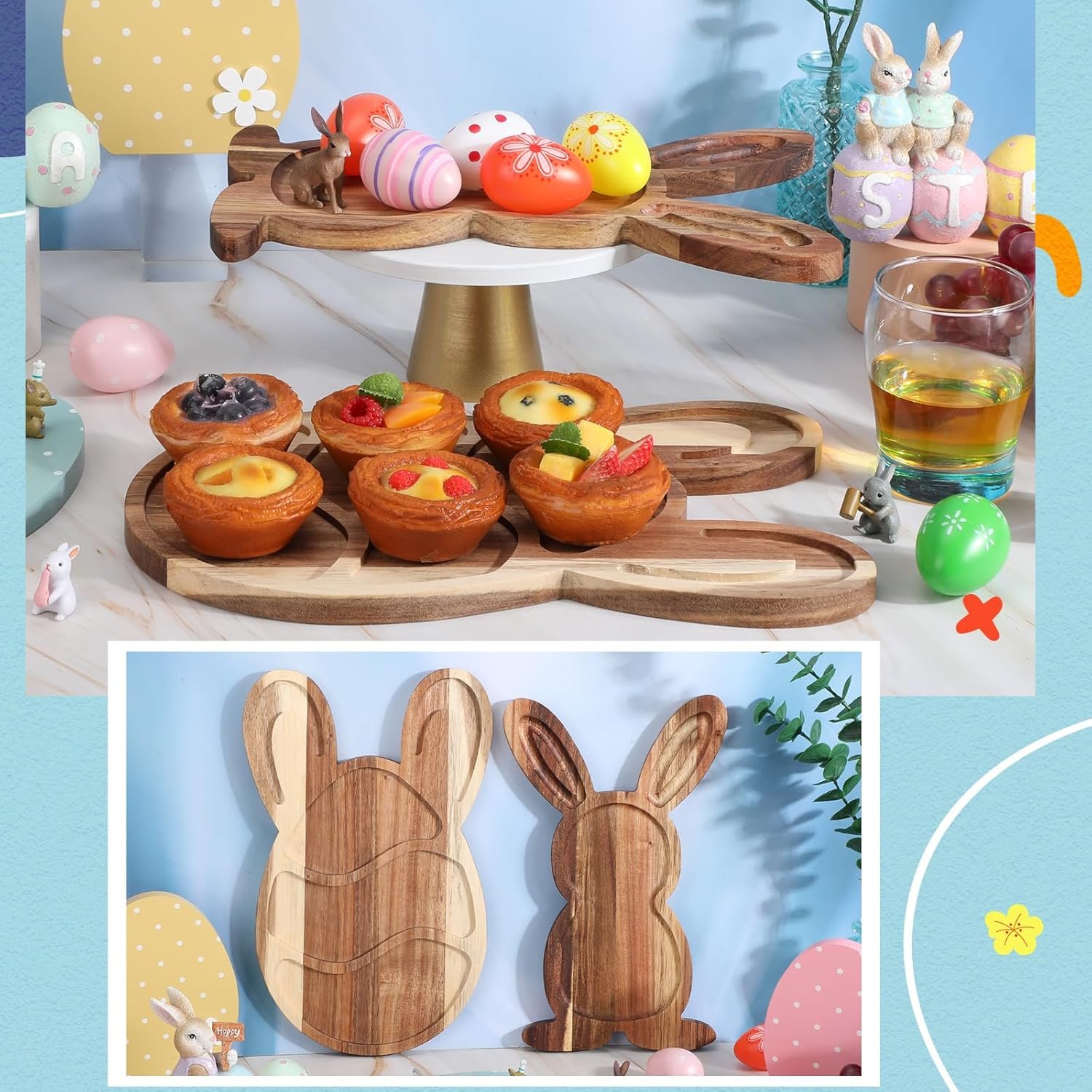 Pickmesh 2 Pack Easter Plates Bunny Wooden Serving Platter Rabbit Egg Acacia Wood Cutting Board with Groove Easter Serving Tray Dinner Dessert Fruit Bread Plates for Kitchen Restaurant Home Parties - Image 3