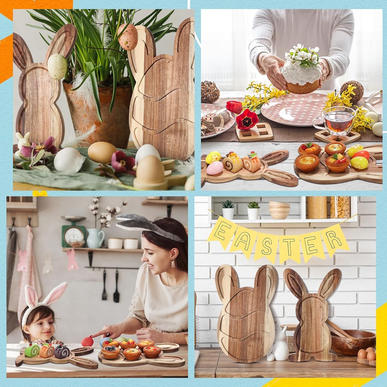 Pickmesh 2 Pack Easter Plates Bunny Wooden Serving Platter Rabbit Egg Acacia Wood Cutting Board with Groove Easter Serving Tray Dinner Dessert Fruit Bread Plates for Kitchen Restaurant Home Parties - Image 4