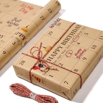 Vitalizart Write-On Calendar Birthday Wrapping Paper Set 17" With 5-Yard Twine Recyclable Customizable Gift Wrap For Birthday Party Baby Shower Handmade Crafts