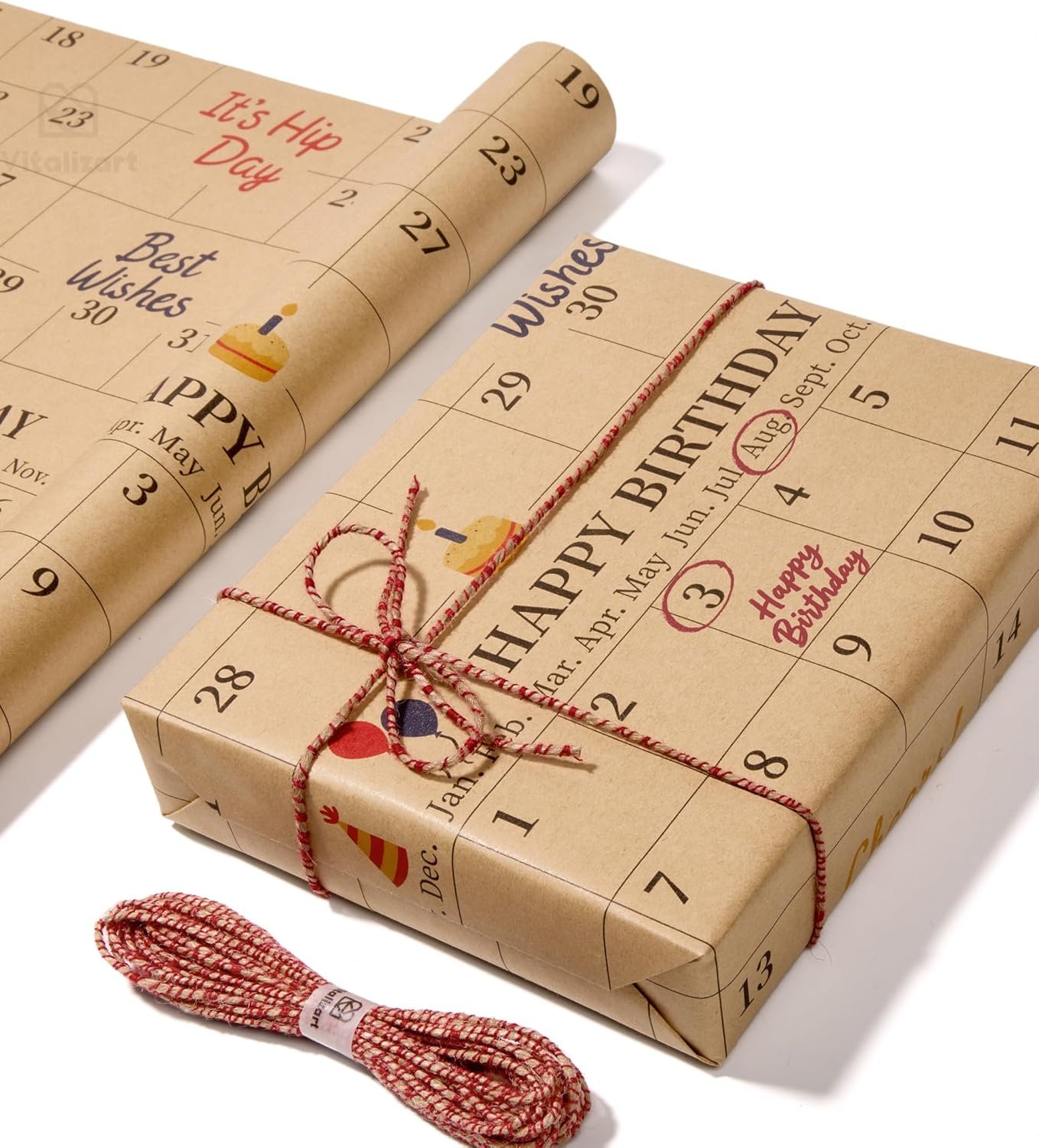 Vitalizart Write-On Calendar Birthday Wrapping Paper Set 17" With 5-Yard Twine Recyclable Customizable Gift Wrap For Birthday Party Baby Shower Handmade Crafts