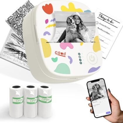 Mini Sticker Printer AHM2, Mini Thermal Printer with 3 Rolls Paper, Portable Bluetooth Inkless Printpods, Pocket Label Maker Suitable for Creative Kids DIY, Diaries, Photos, Study Notes -White