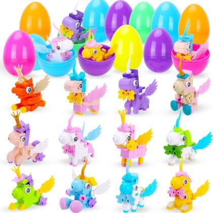 12 Pack Prefilled Easter Eggs with Unicorn Building Block Toys, Mini Unicorn Brick Building Blocks Set, Easter Egg Fillers, Easter Basket Stuffers for Kids, Party Favors, Classroom Prizes