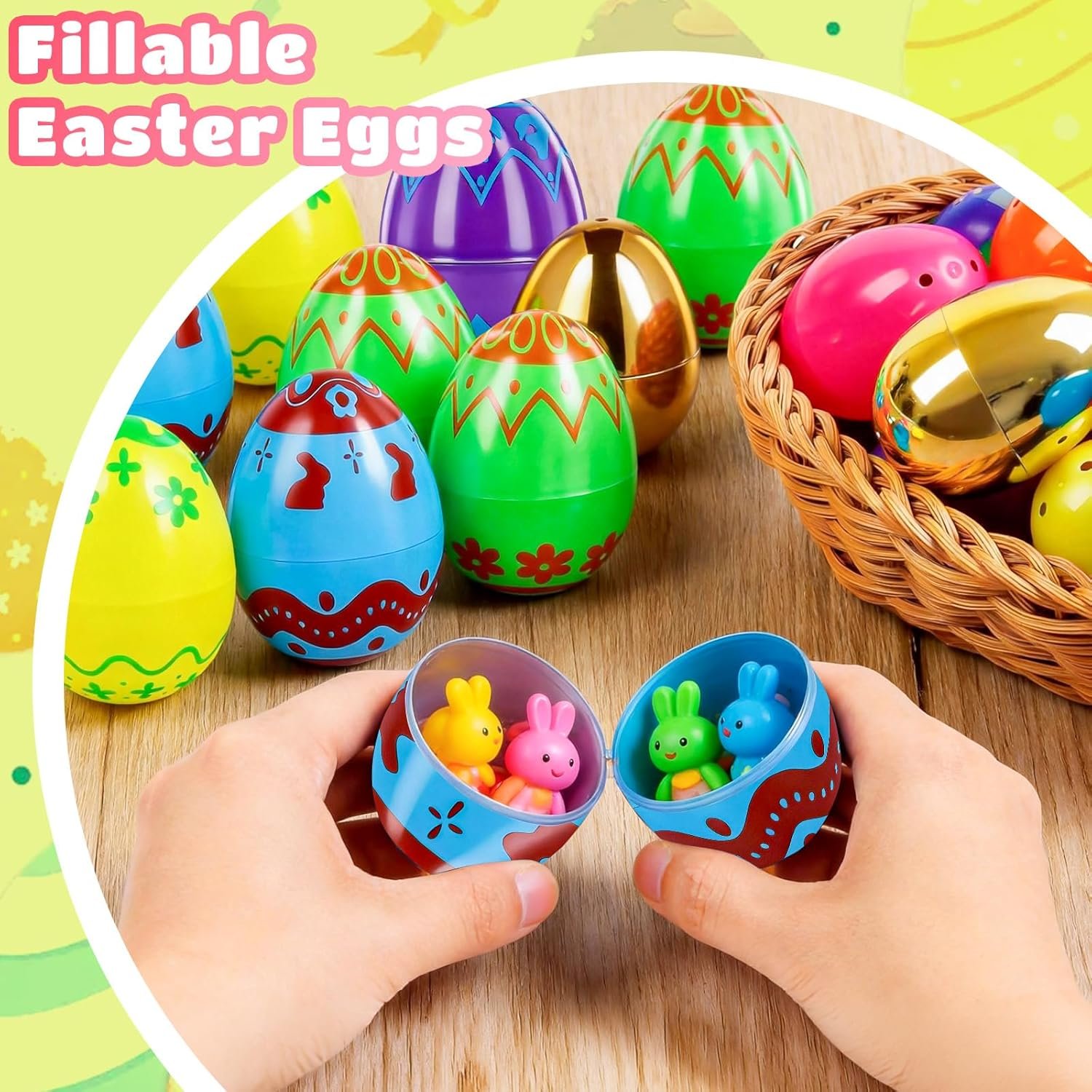 MGparty 50 Pcs Plastic Easter Eggs Empty 2.3 Inch Fillable Easter Eggs Bulk with 2 Golden Eggs, Printed Plastic Eggs for Easter Egg Hunt, Basket Stuffers, Party Favors, Classroom Prizes Decorations - Image 3