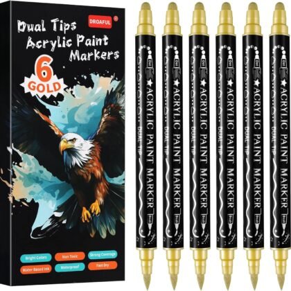 Droaful Glod Acrylic Paint Pens Markers, 6 Pc Dual Tips Waterproof Paint Markers For Rock Painting, Fabric, Metal, Glass, Wood, Canvas, Ceramic, Pumpkins, Eggs, Plastic, Non-Toxic & Odor