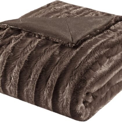 Madison Park Duke Luxury Long Faux Fur Throw Brown 50*60 Premium Soft Cozy Brushed Long Faux Fur For Bed, Coach or Sofa