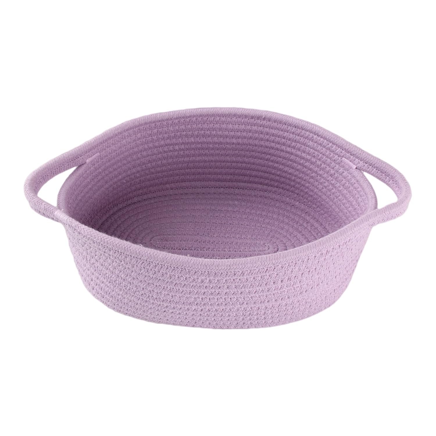 Cute Oval Cotton Rope Wicker Storage Basket with Handle - Empty Baby Nursery Box Bin Organizer for Kids, Cats, Dogs & Easter - Light Purple Lavender