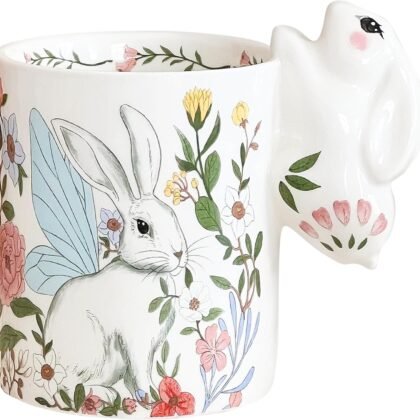 Cute Rabbit Mug with 3D Handle, 11 oz Floral Print Coffee Cup, Vintage Floral Print Tea Cup Novelty Easter Gift for Women Girls Holiday Birthday