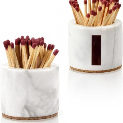 (2 Pcs) Marble Match Holder with Striker, 2.6" x 2" Matches in a jar, Candles Cute Home, Bathroom Decor - Candle Lover Gifts - Matches Not Included
