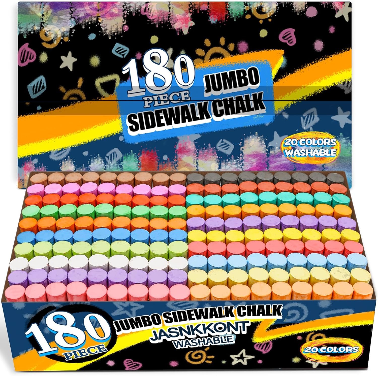 180 Pack Washable Sidewalk Chalk for Kid, 20 Colors Non-Toxic Jumbo Chalk Paint Bulk for Summer Outdoor Activity, Playground, School Classroom Chalkboard, Chalk Party Favors Set for Toddler Kids Adult