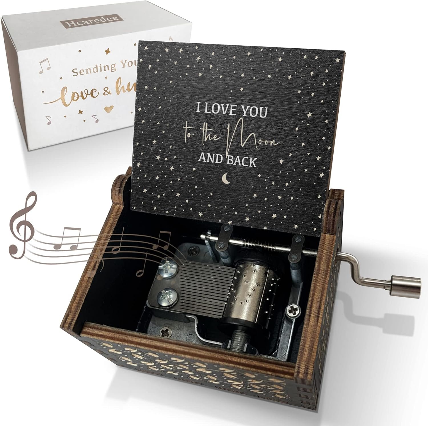 Love You to The Moon and Back Wooden Music Box,Hand Crank Antique Engraved Wood Musical Boxes Gifts for Lover Girlfriend Boyfriend Wife Husband on Birthday Valentine's Day(Black)