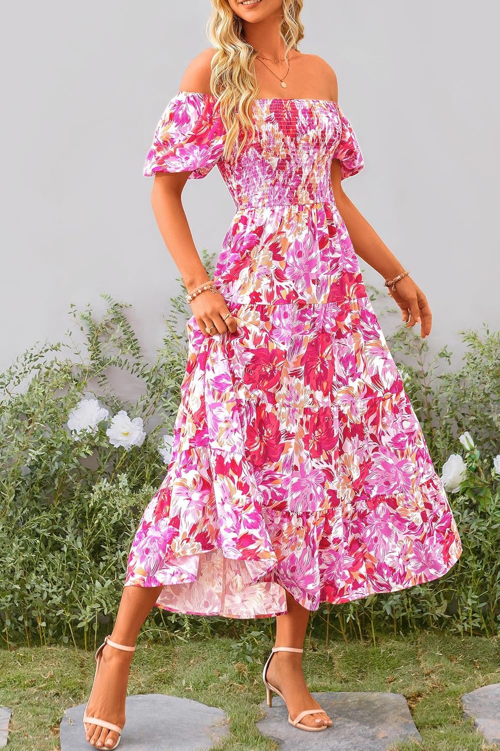 PRETTYGARDEN Women's Casual Summer Midi Dress Puffy Short Sleeve Square Neck Smocked Tiered Ruffle Dresses - Image 8