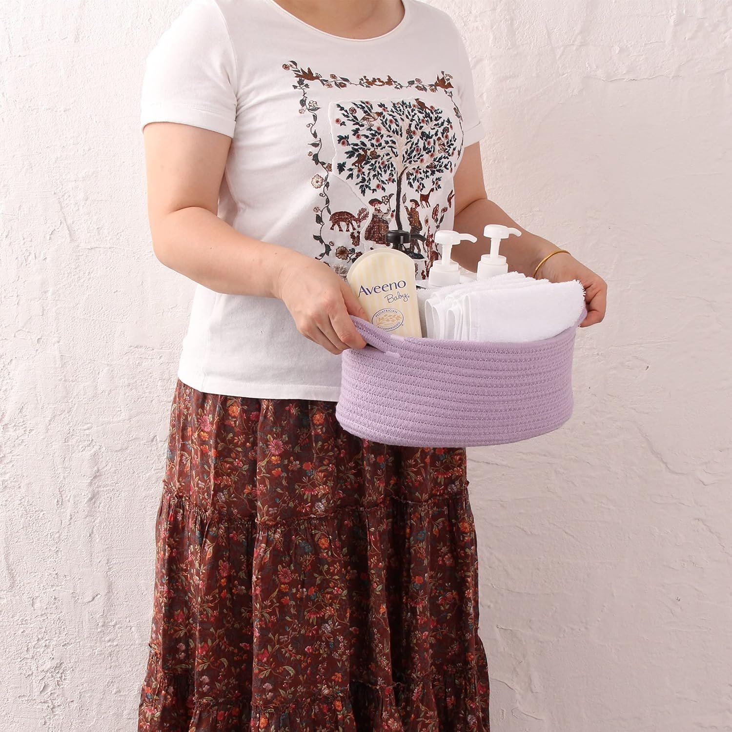 Cute Oval Cotton Rope Wicker Storage Basket with Handle - Empty Baby Nursery Box Bin Organizer for Kids, Cats, Dogs & Easter - Light Purple Lavender - Image 3